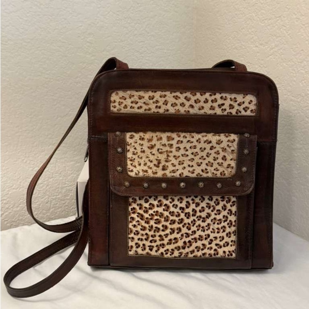 Vintage Force Ten West Brown Leather Leopard Cowhide Studded Western Bag Tote